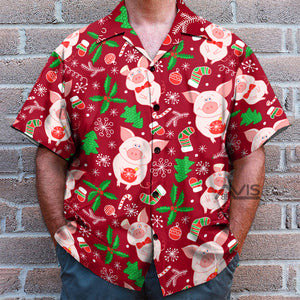 Pig Merry Pigmas Christmas Pattern Red And Pink - Hawaiian Shirt