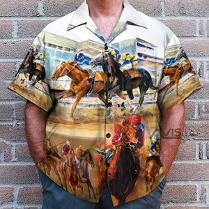 Horse Racing Many Horses White - Hawaiian Shirt