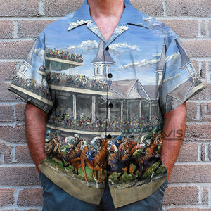 Kentucky Derby Horse Racing Blue Hawaiian Shirt