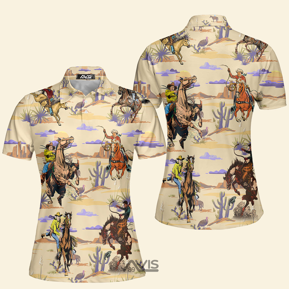 Avis89 Cowboy Cowgirl Riding Horse In The Desert - Women Polo Shirt