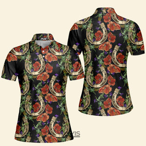 Avis89 Gold Horseshoe Red Poppies Flowers - Women Polo Shirt