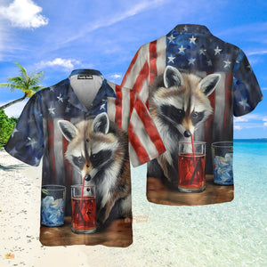 USA Flag Raccoon Chest Pocket Short Sleeve Hawaiian Shirt