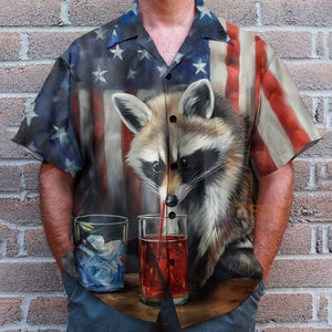 USA Flag Raccoon Chest Pocket Short Sleeve Hawaiian Shirt