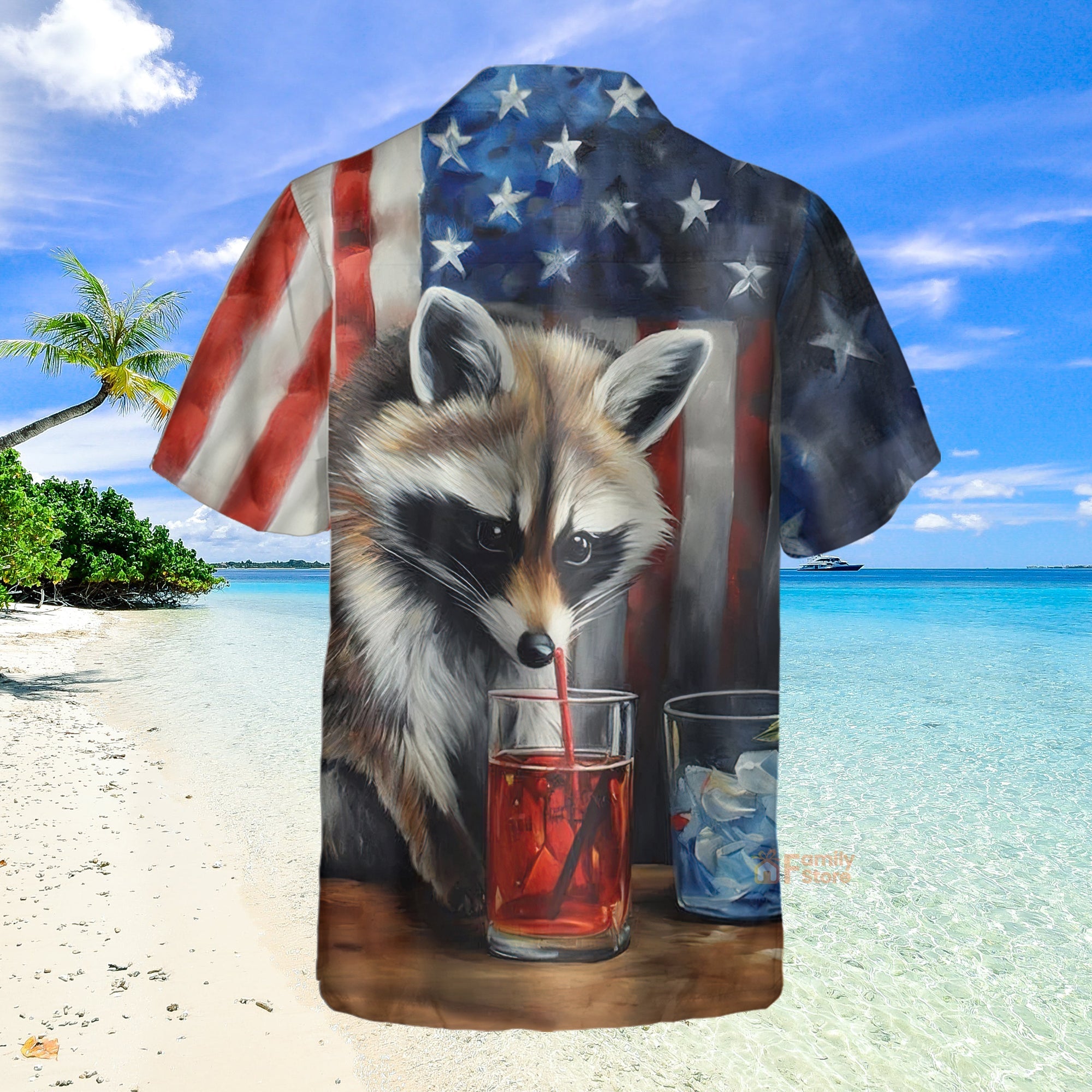 USA Flag Raccoon Chest Pocket Short Sleeve Hawaiian Shirt