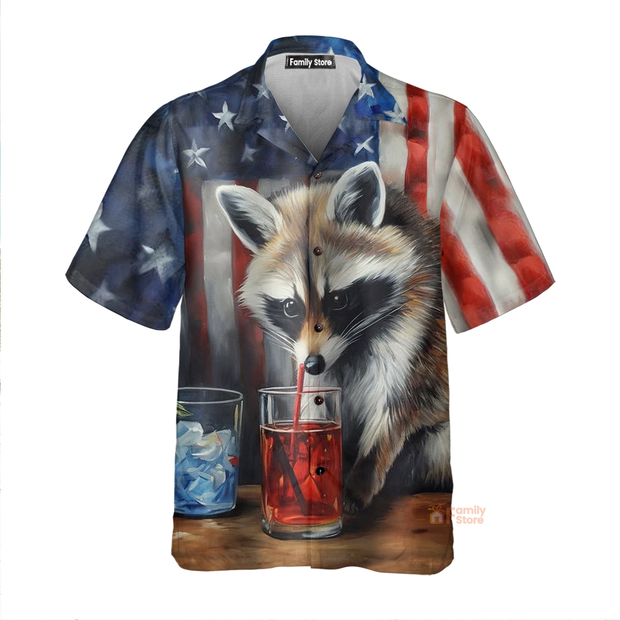 USA Flag Raccoon Chest Pocket Short Sleeve Hawaiian Shirt