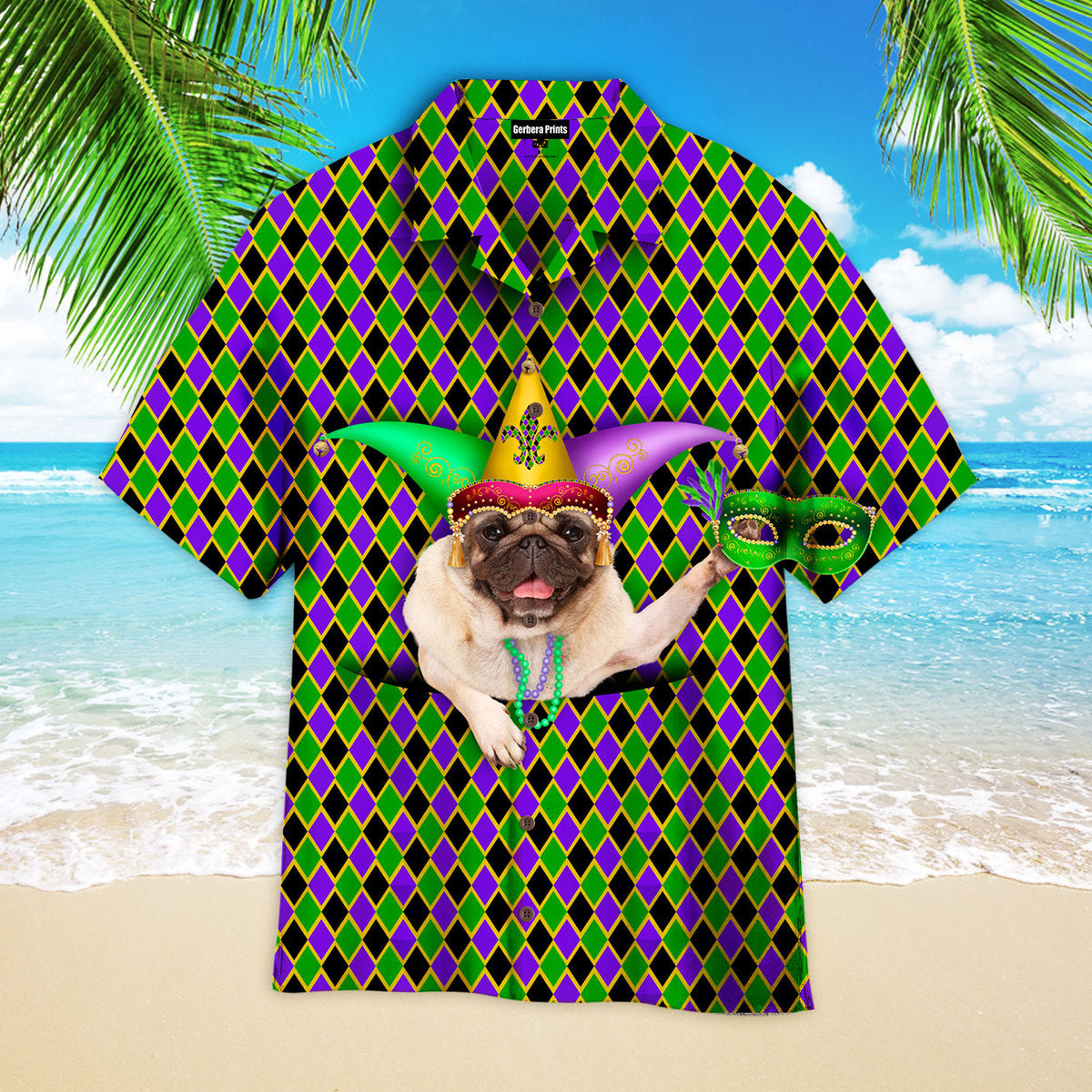 Mardi Gras Funny Pug Dog Wears Jester Hat Pattern Colorful - Hawaiian Shirt