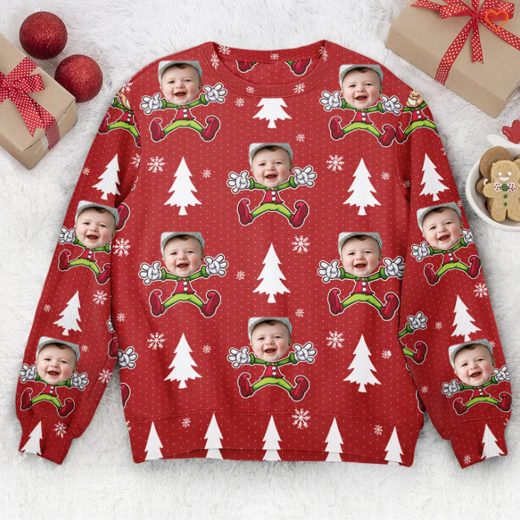 Custom Face Christmas Family Cute Little Elf -  Personalized Ugly Sweater