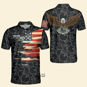 Avis89 Custom Name Bowling American Flag Eagle - Personalized Men Polo Shirt