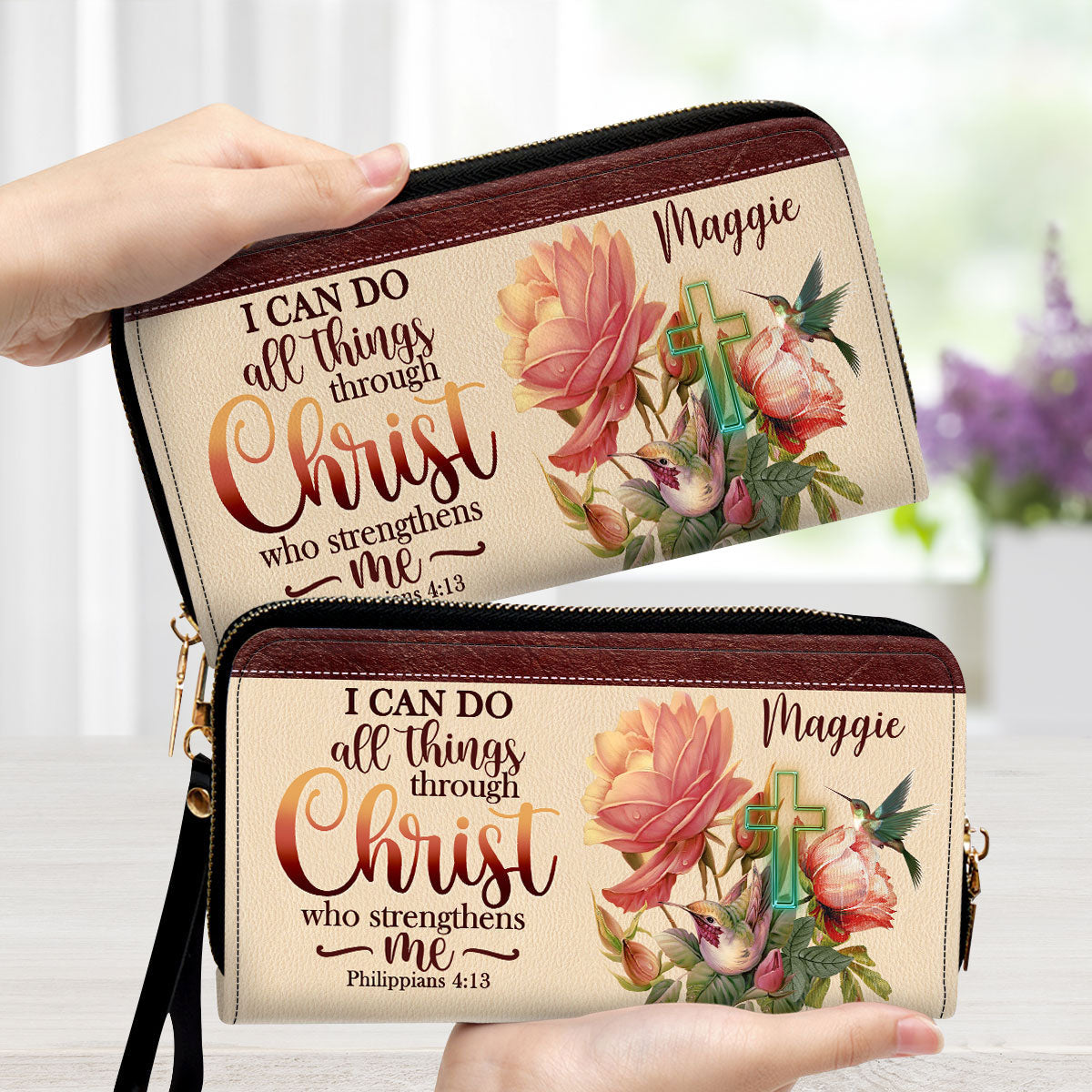 I Can Do All Things Through Christ Philippians 413 Humming Bird And Cross - Thoughtful Gift For Christians - Personalized Clutch Purses - AT4080923