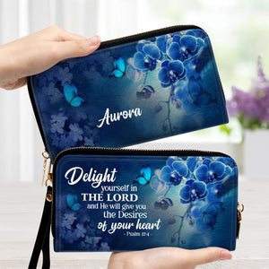 Delight Yourself In The Lord Psalm 374 Blue Orchids And Lilac - Thoughtful Gift For Christians - Personalized Clutch Purses - AT4080922