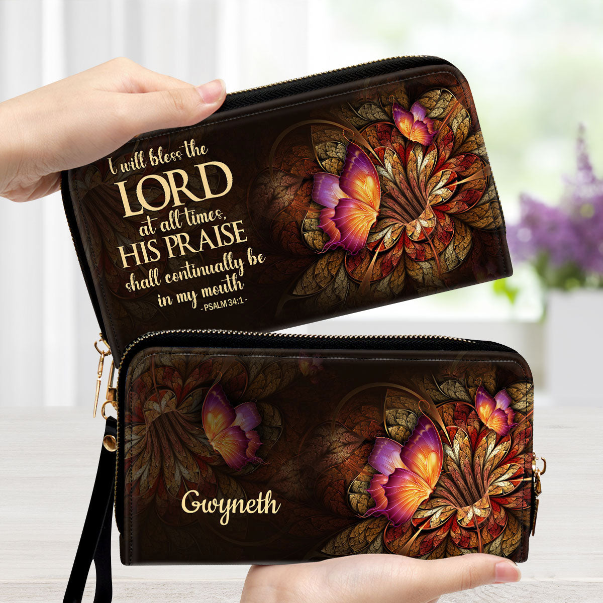 Flower & Butterfly Psalm 341 I Will Bless The Lord At All Times - Thoughtful Gift For Christians - Personalized Clutch Purses - AT4081323