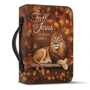 Fall For Jesus He Never Leaves Lion - Leather Bible Cover