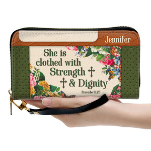 Stunning Flower She Is Clothed With Strength And Dignity - Scripture Gifts For Women Of God - Personalized Clutch Purses - AT4081434