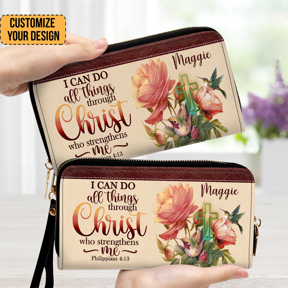 I Can Do All Things Through Christ Philippians 413 Humming Bird And Cross - Thoughtful Gift For Christians - Personalized Clutch Purses - AT4080923