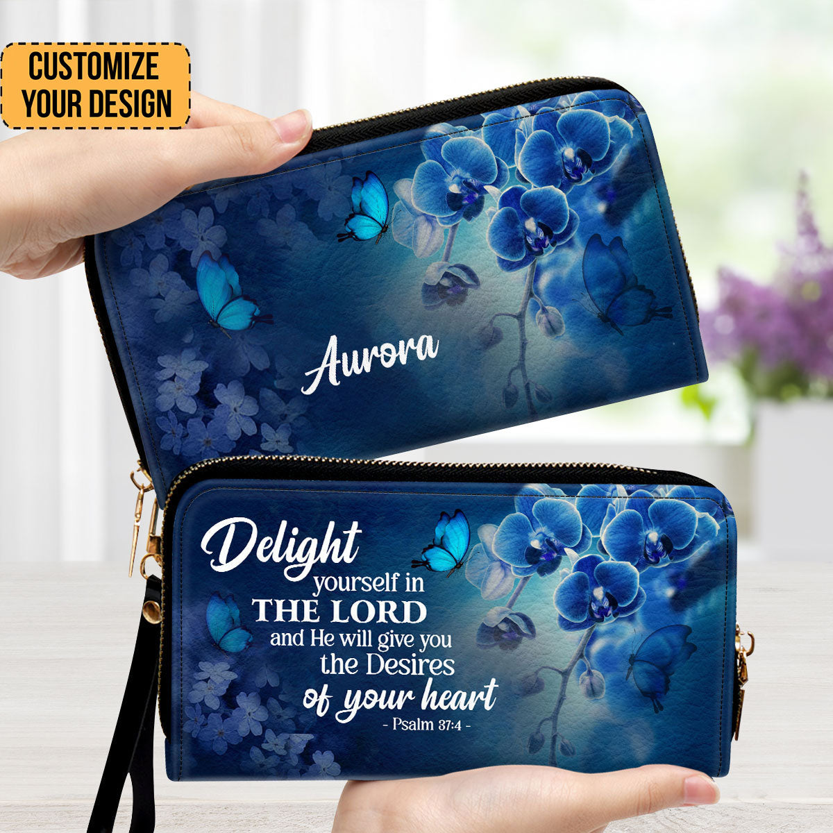 Delight Yourself In The Lord Psalm 374 Blue Orchids And Lilac - Thoughtful Gift For Christians - Personalized Clutch Purses - AT4080922