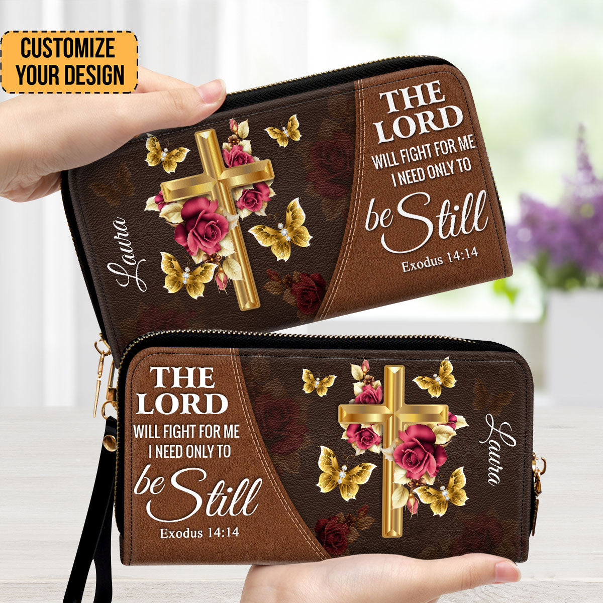 The Lord Will Fight For Me Floral Cross - Personalized Clutch Purses - AT4081438