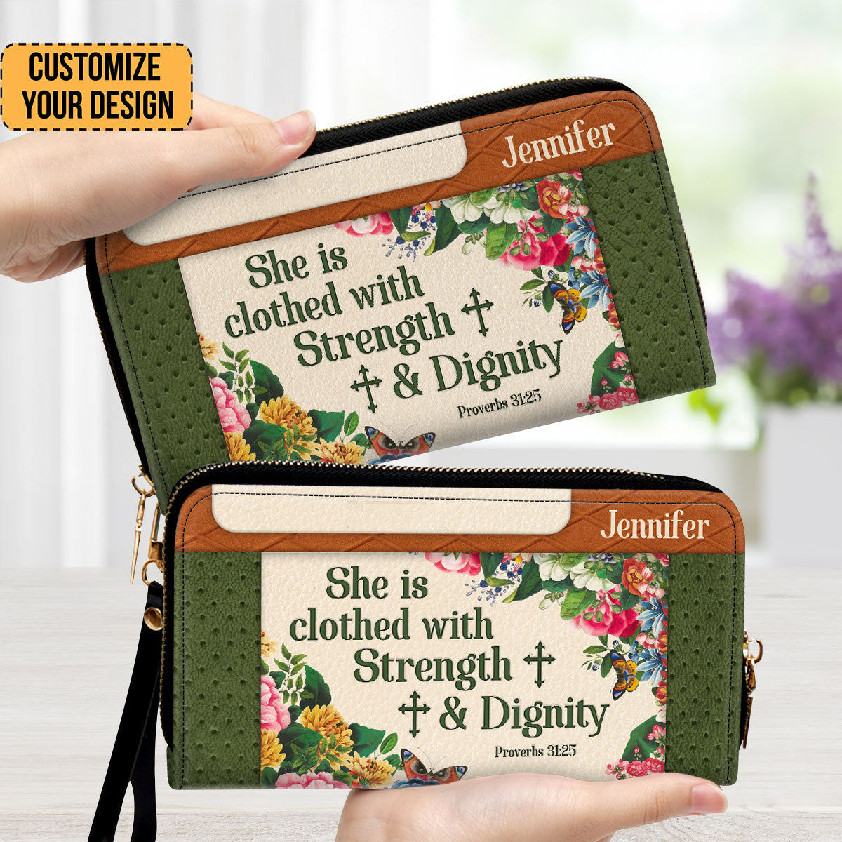 Stunning Flower She Is Clothed With Strength And Dignity - Scripture Gifts For Women Of God - Personalized Clutch Purses - AT4081434