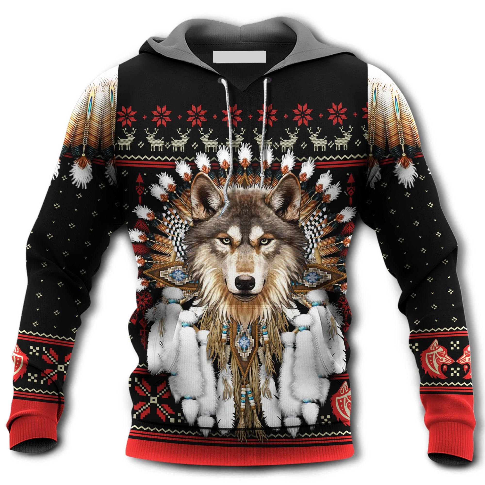 Native American Wolf Headdress With Black And Red - Hoodie 