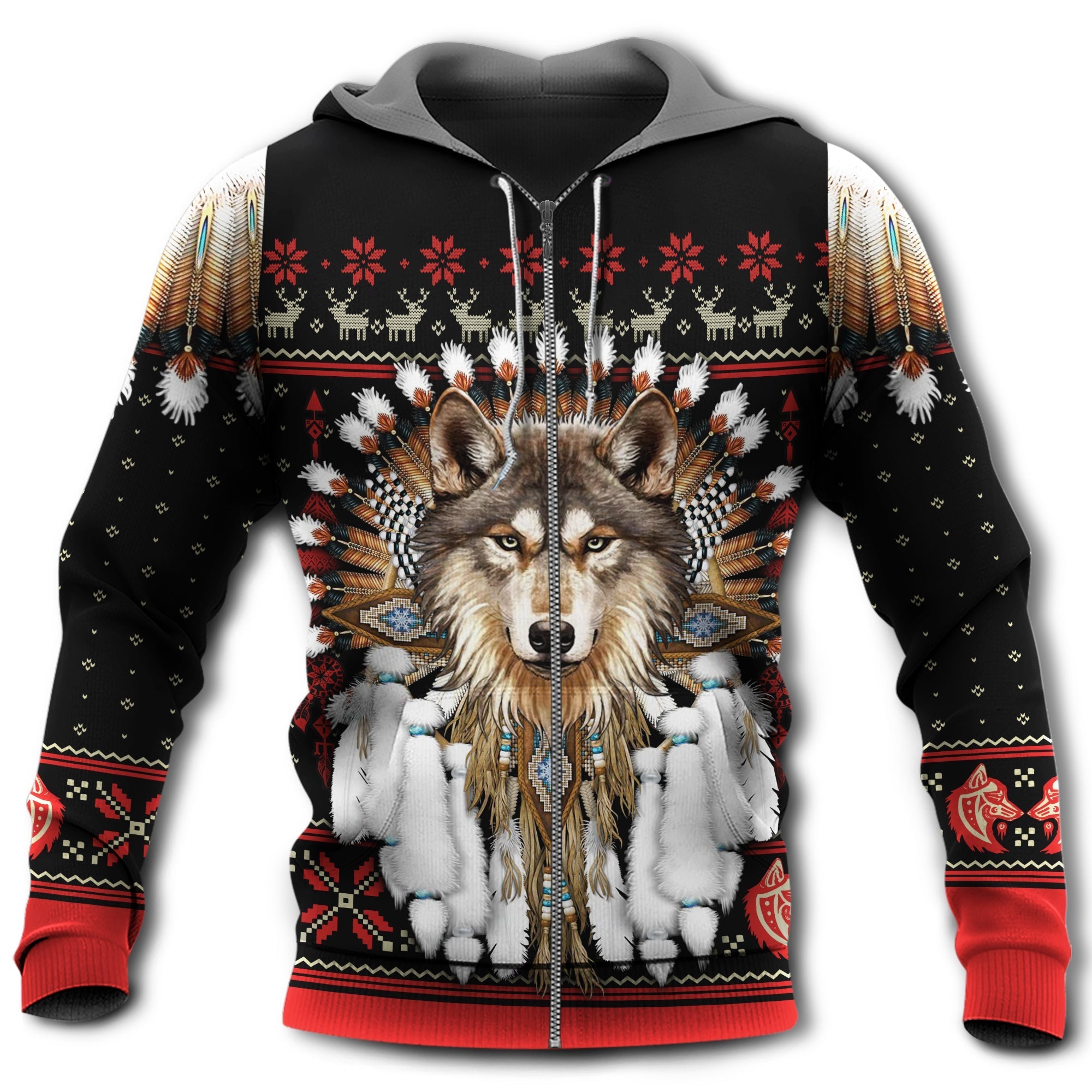 Native American Wolf Headdress With Black And Red - Hoodie 