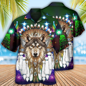 Native Wolf And Merry Christmas Cool - Hawaiian Shirt