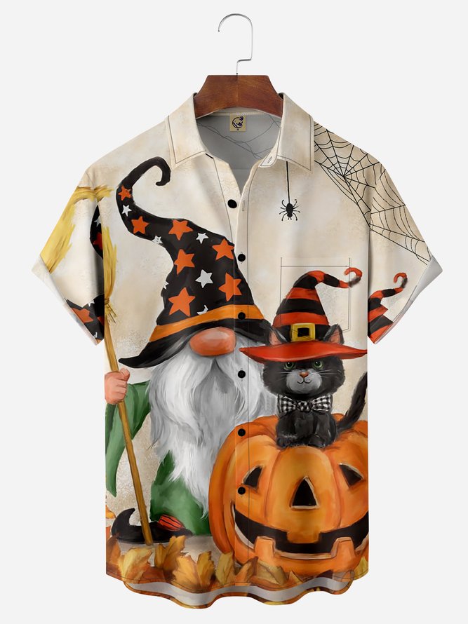 Halloween Gnomes And Cat Beige Color - Hawaiian Shirt