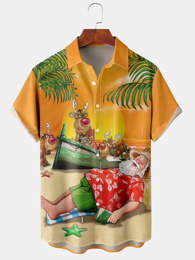 Retro Christmas Santa Claus And Elk - Hawaiian Shirt