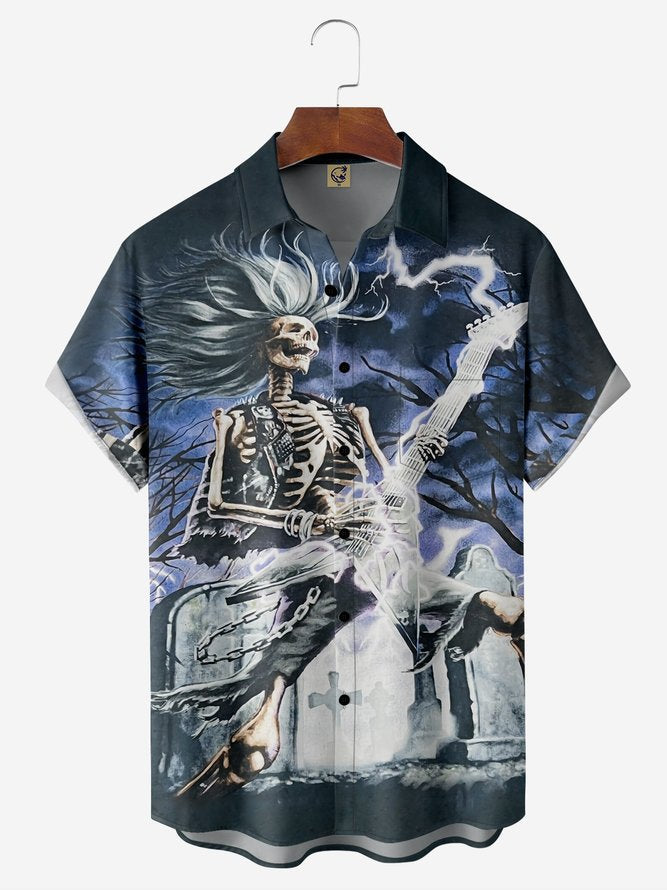 Music Halloween Skull Chest Pocket Short Sleeve - Hawaiian Shirt