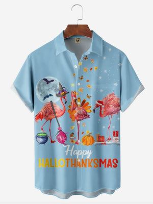 Christmas Flamingos Blue Pattern - Hawaiian Shirt