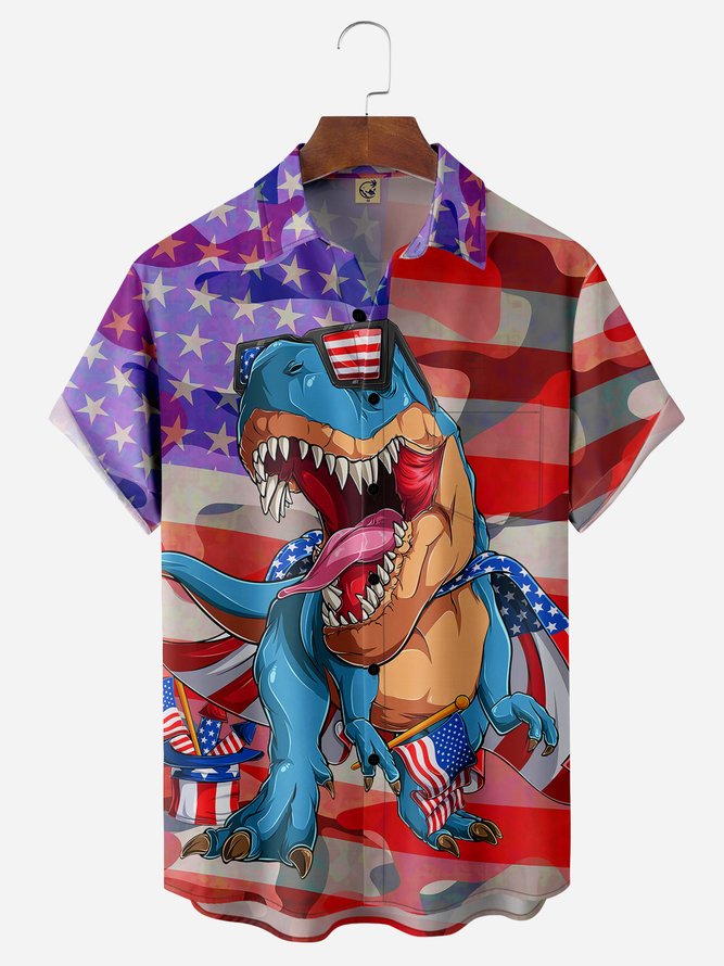 Independence Day American Flag Blue Dinosaur - Hawaiian Shirt