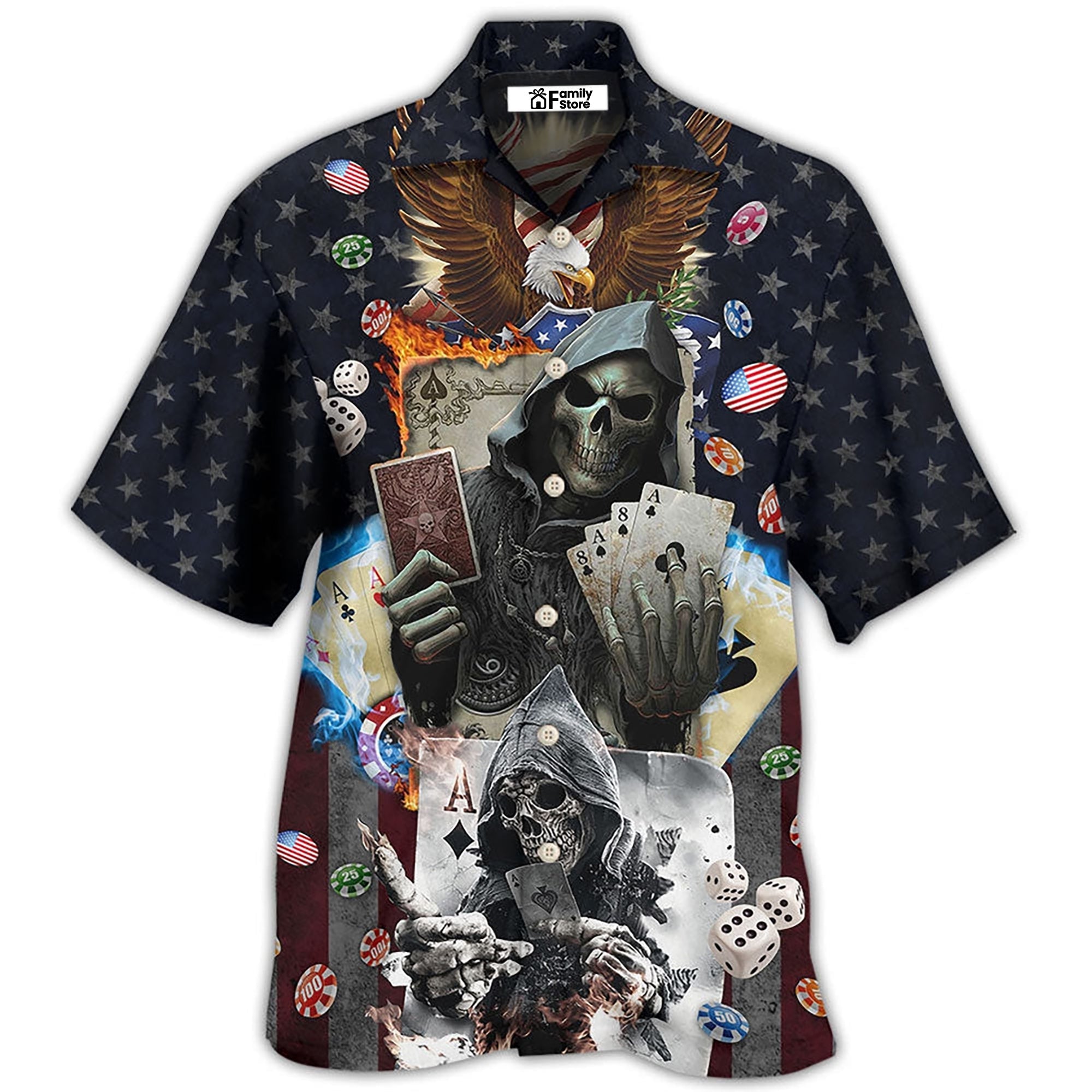 Poker Skull Flame US Flag Independence Day - Hawaiian Shirt