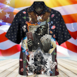 Poker Skull Flame US Flag Independence Day - Hawaiian Shirt