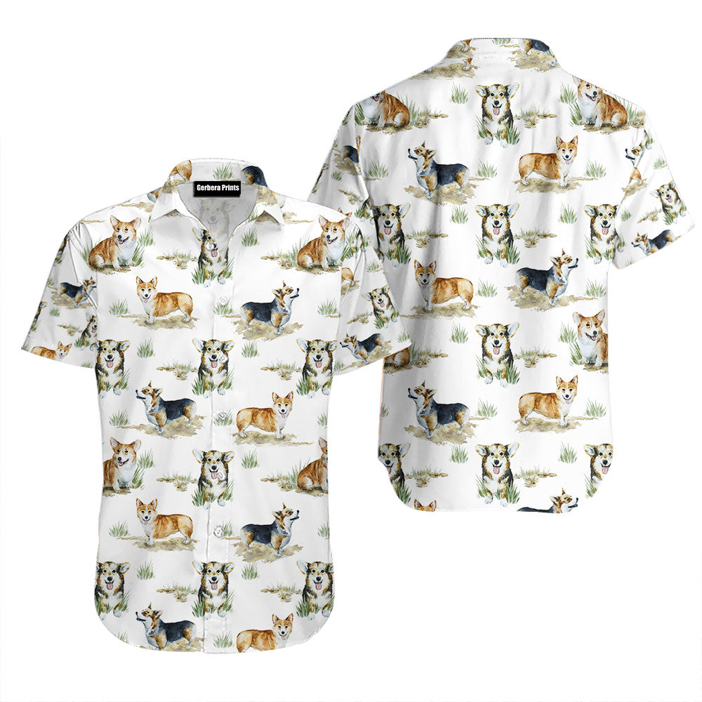 Smiling Corgi Dogs White Aloha - Hawaiian Shirt