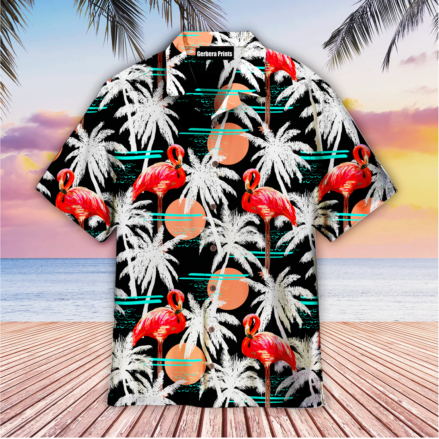 Stork And Coconut Tree Palm Trees And Pink Flamingo - Hawaiian Shirt