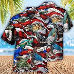 Turtle Independence Day Swimming In The American Flag - Hawaiian Shirt