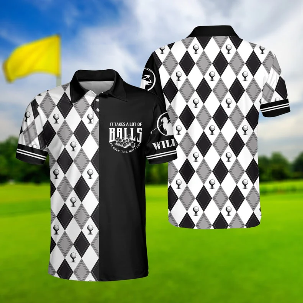 Black And White Argyle Pattern It Takes Balls - Gift For Golf Lovers - Personalized Men Polo