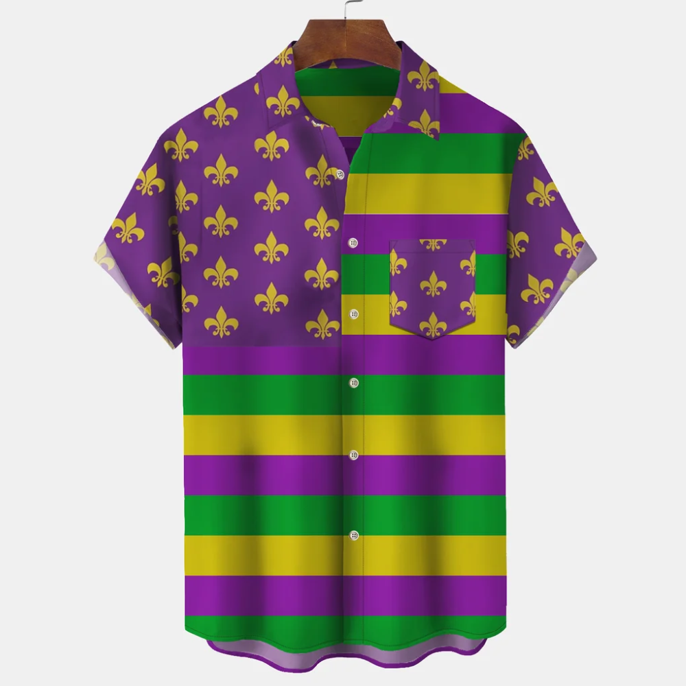 Mardi Gras Holiday Purple Striped Flag Art Fleur De Lis Pattern - Hawaiian Shirt