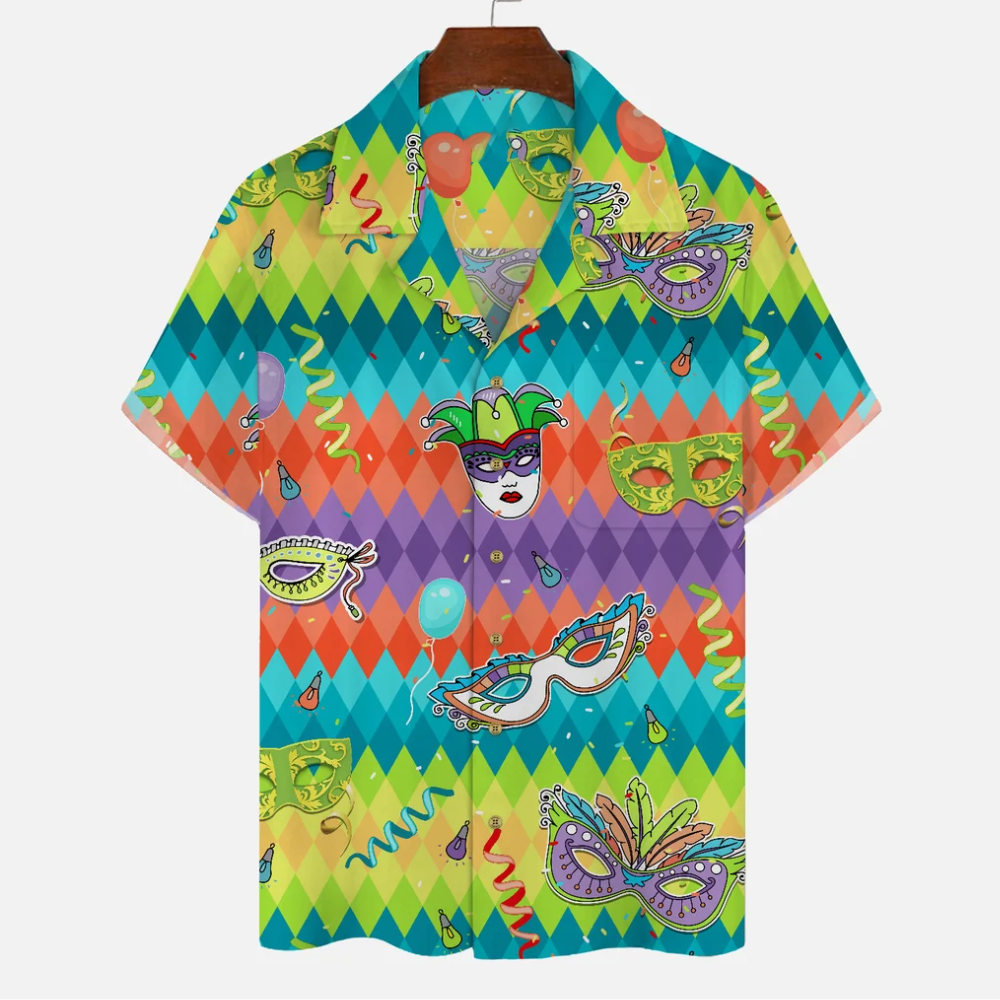 Mardi Gras Holiday Green Mask Fun Art Stretch - Hawaiian Shirt