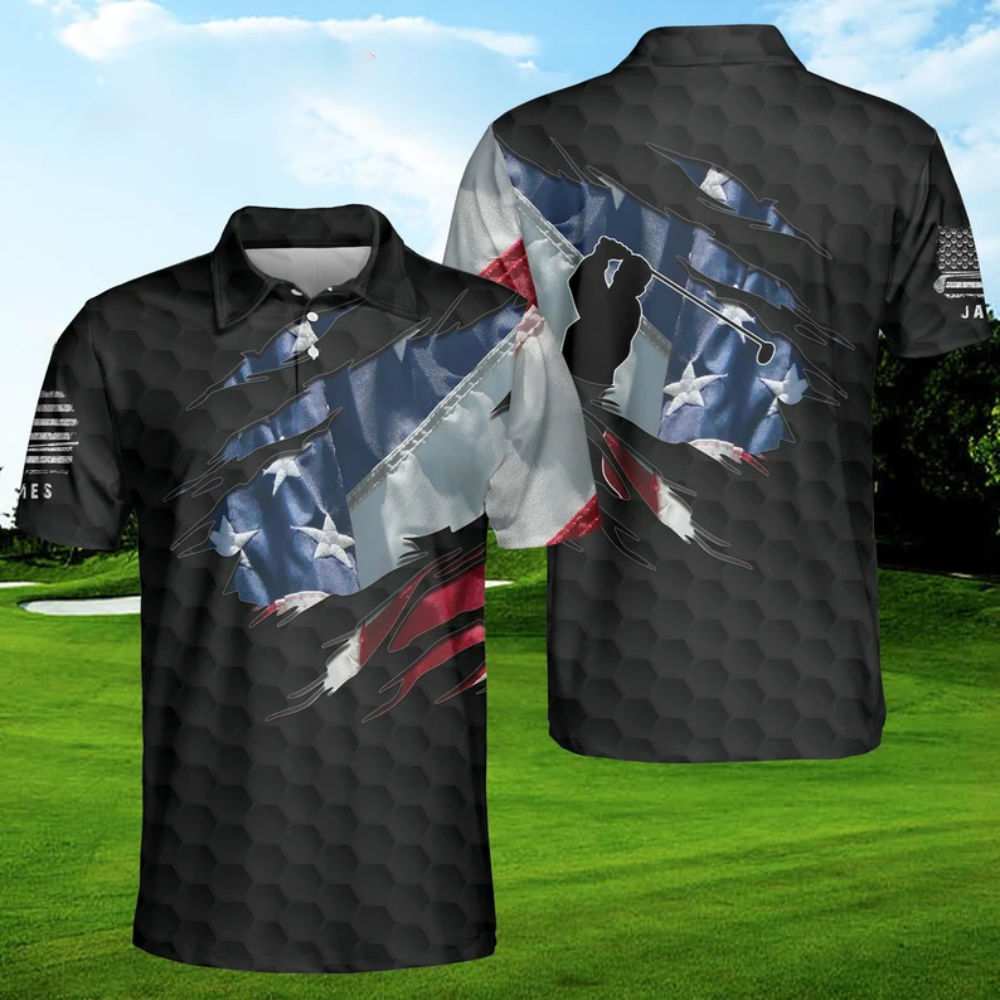 American Flag Playing Golf Black - Gift For Golf Lovers - Men Polo