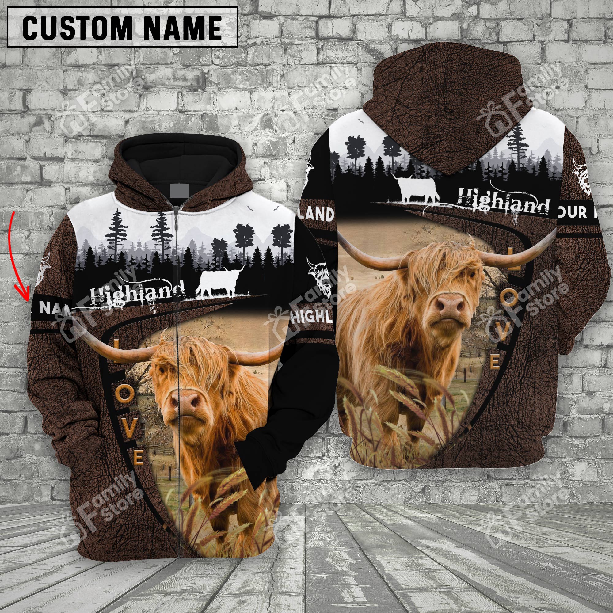 Uni Highland Cattle On Farms Printed 3D Wooden Forest - Personalized Hoodie