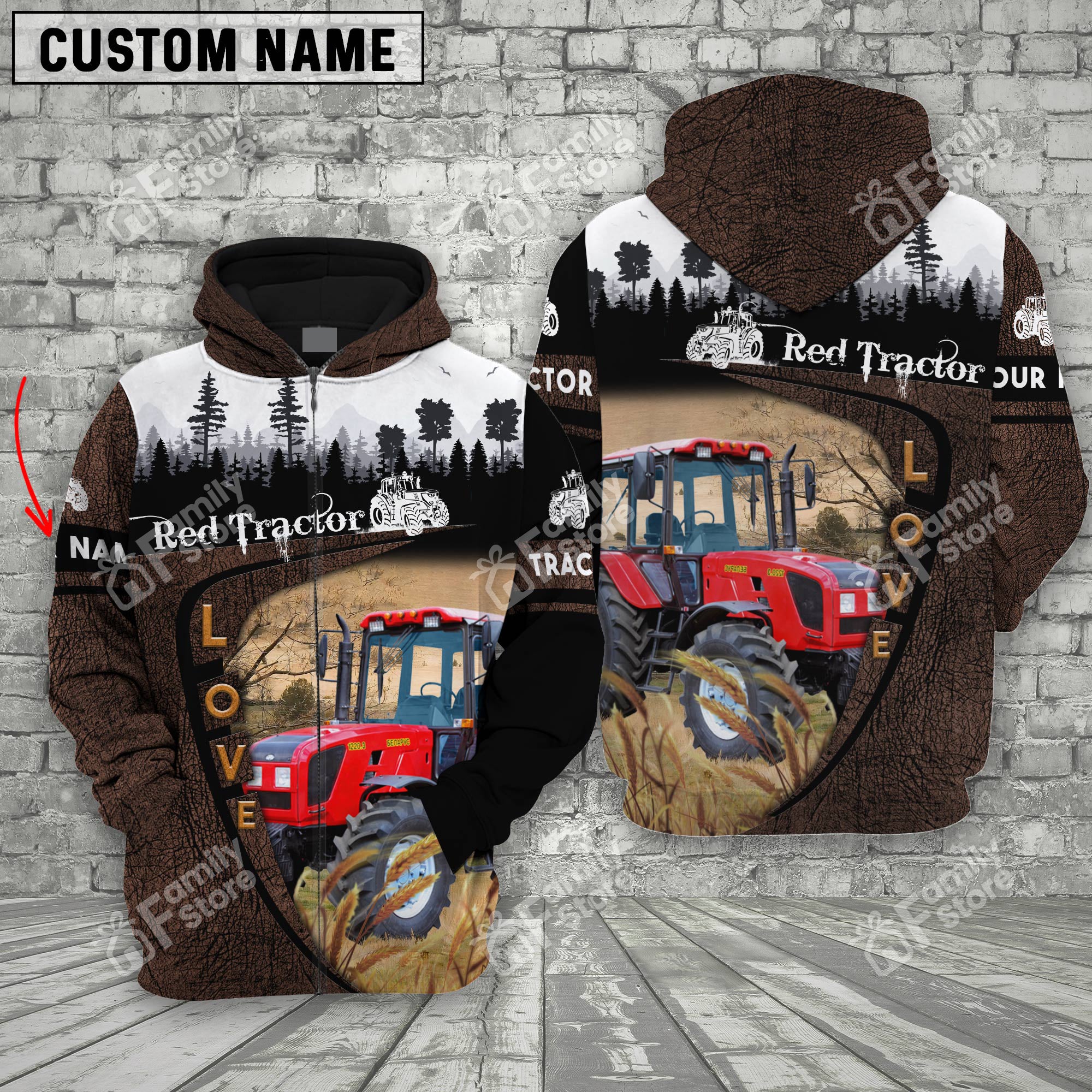 Uni Red Tractor On Farms Printed 3D Wooden Forest - Personalized Hoodie