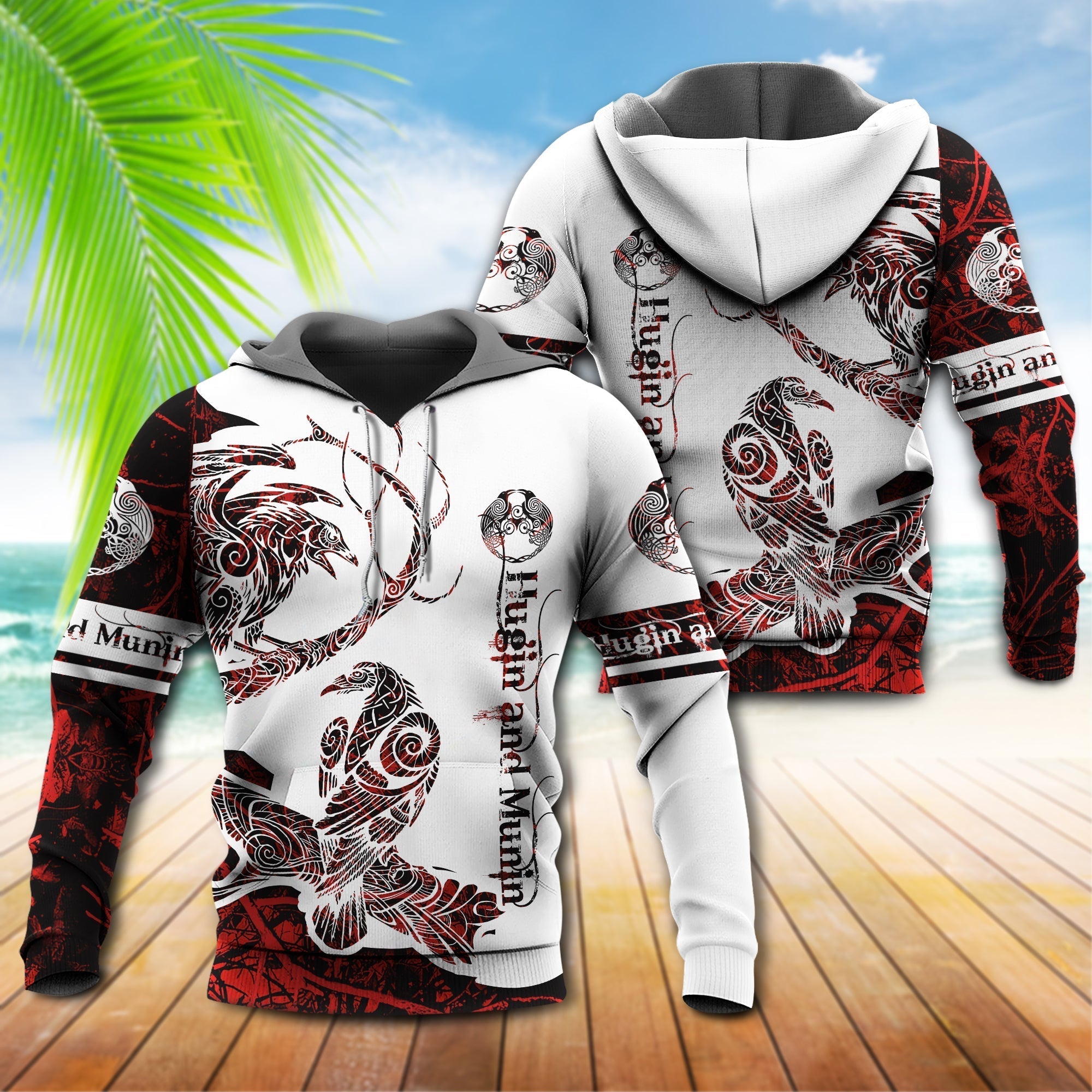 Viking Raven Legend Red And White Style With Classic - Hoodie