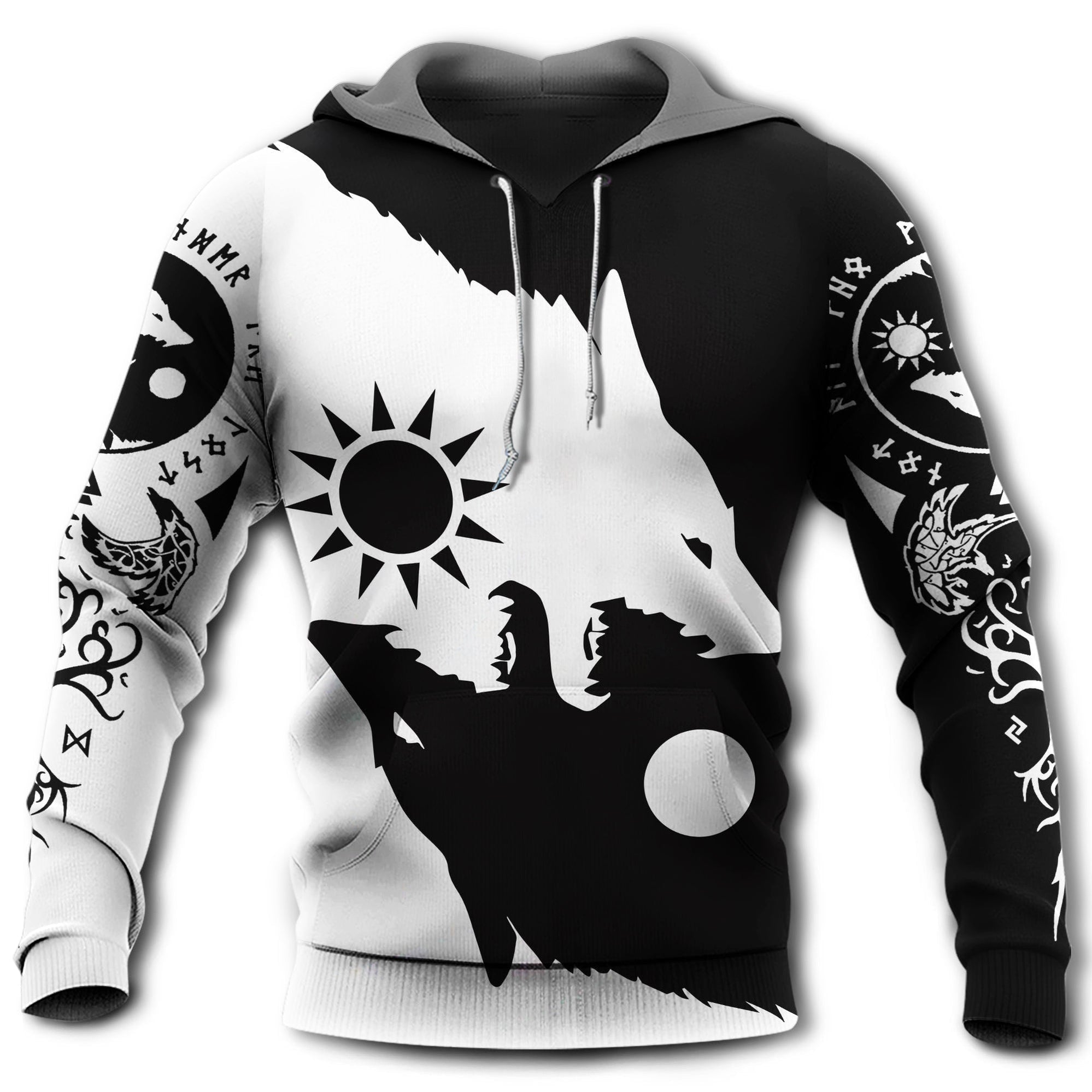 Viking Wolf Loves Moon Black And White Nice Pattern - Hoodie