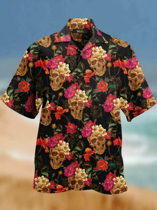 Vintage Skull Pink And Yellow Flowers - Hawaiian Shirt