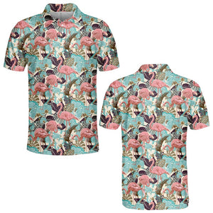 Flamingos And The Tropical Blue Leaves Pattern - Men Polo Shirt