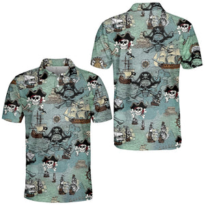 Blue Vintage Skull Pirate Finding Treasure - Men Polo Shirt