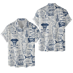 Dark Blue Skull Pirate And Treasure Map - Hawaiian Shirt