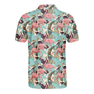 Flamingos And The Tropical Blue Leaves Pattern - Men Polo Shirt