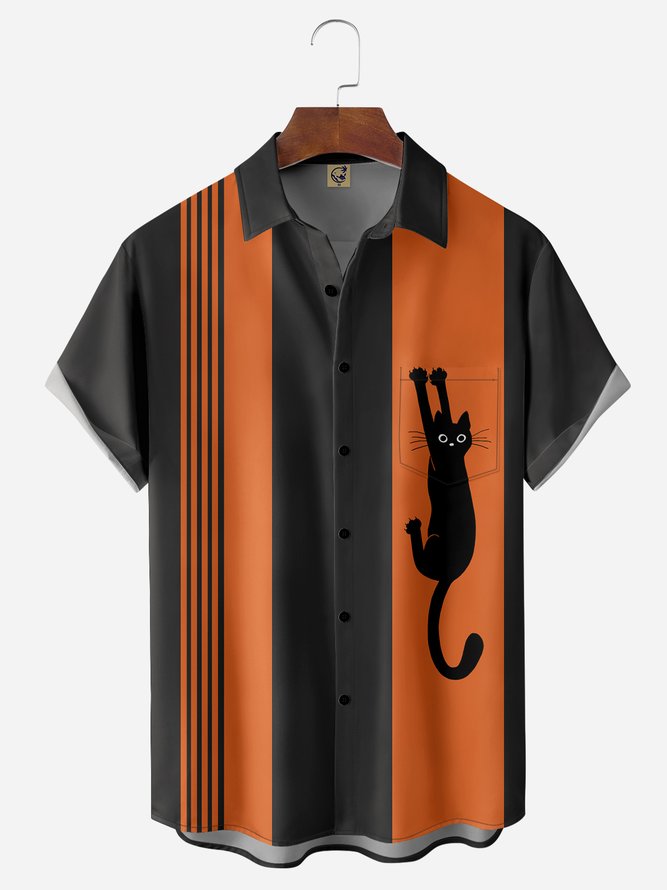 Halloween Black Cat Climbs The Orange Wall - Hawaiian Shirt