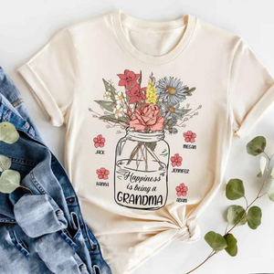 Custom Name Flower Vase Happiness Is Being A Grandma - Gift For Mom, Grandma - Personalized Unisex Shirt