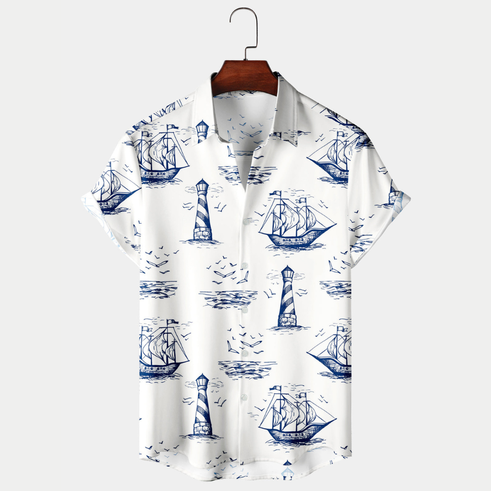 Blue Sailing, Lighthouse And Seagulls Pattern - Hawaiian Shirt